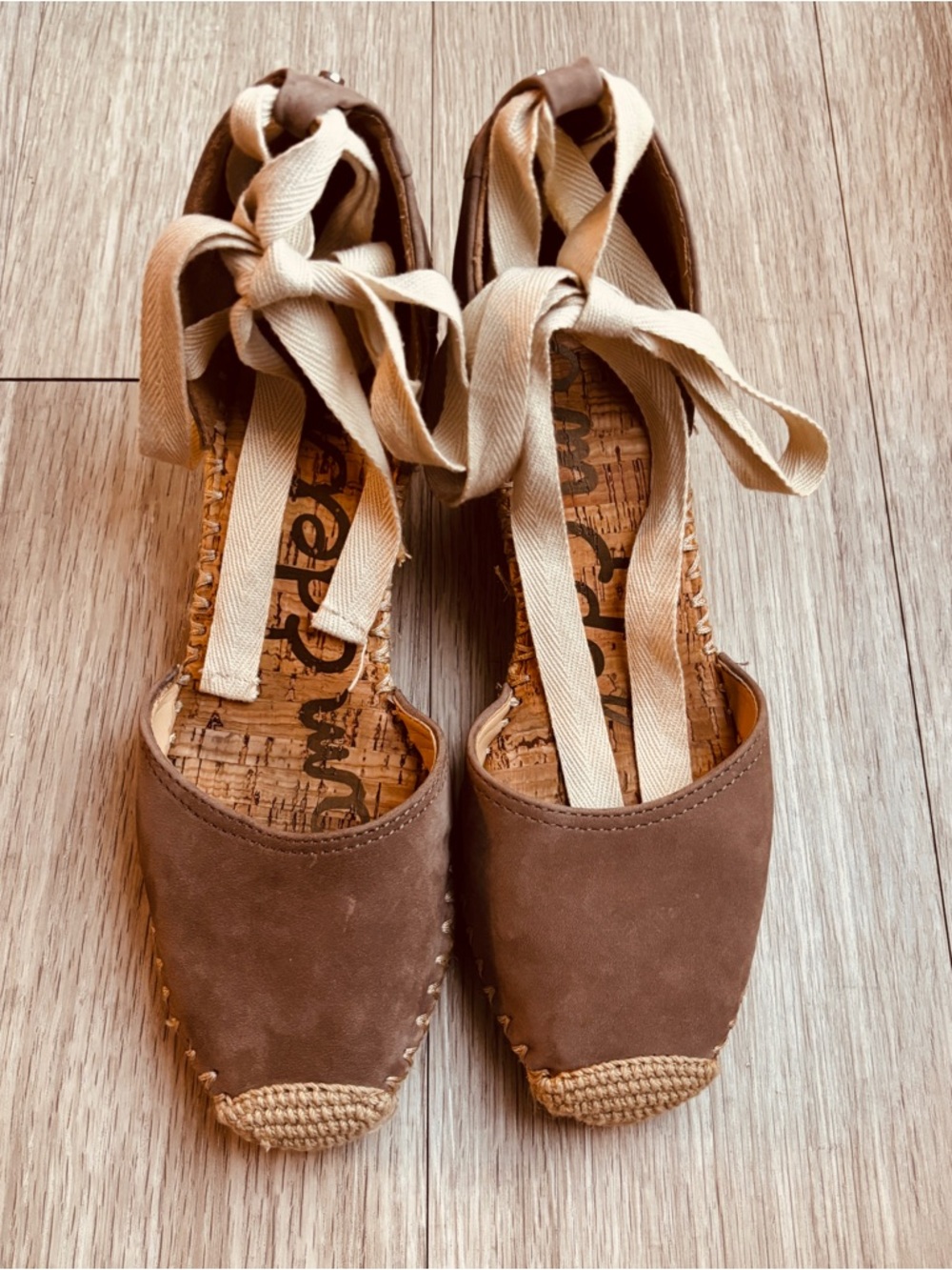 Sam Edelman Brown Espadrille Tie-Up Flats with Cream Ribbons Feminine Casual